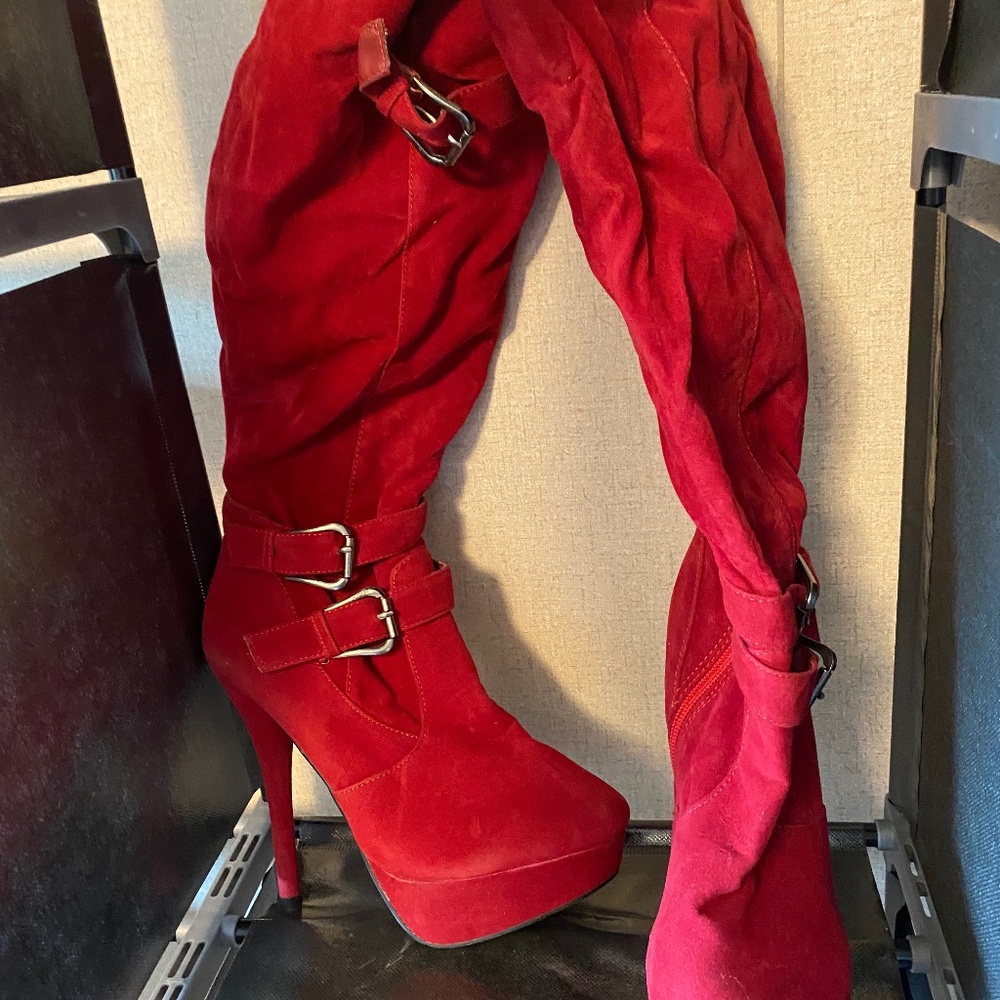 Red knee high heel boots